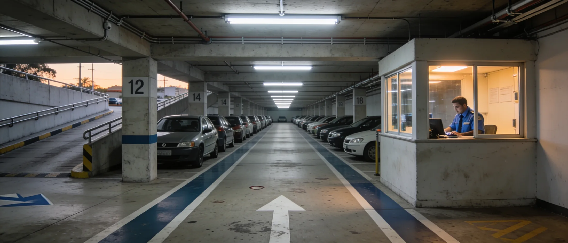 Guarita de controle iluminada à direita de um corredor de estacionamento coberto, com um operador trabalhando dentro dela e carros estacionados ao longo do corredor.