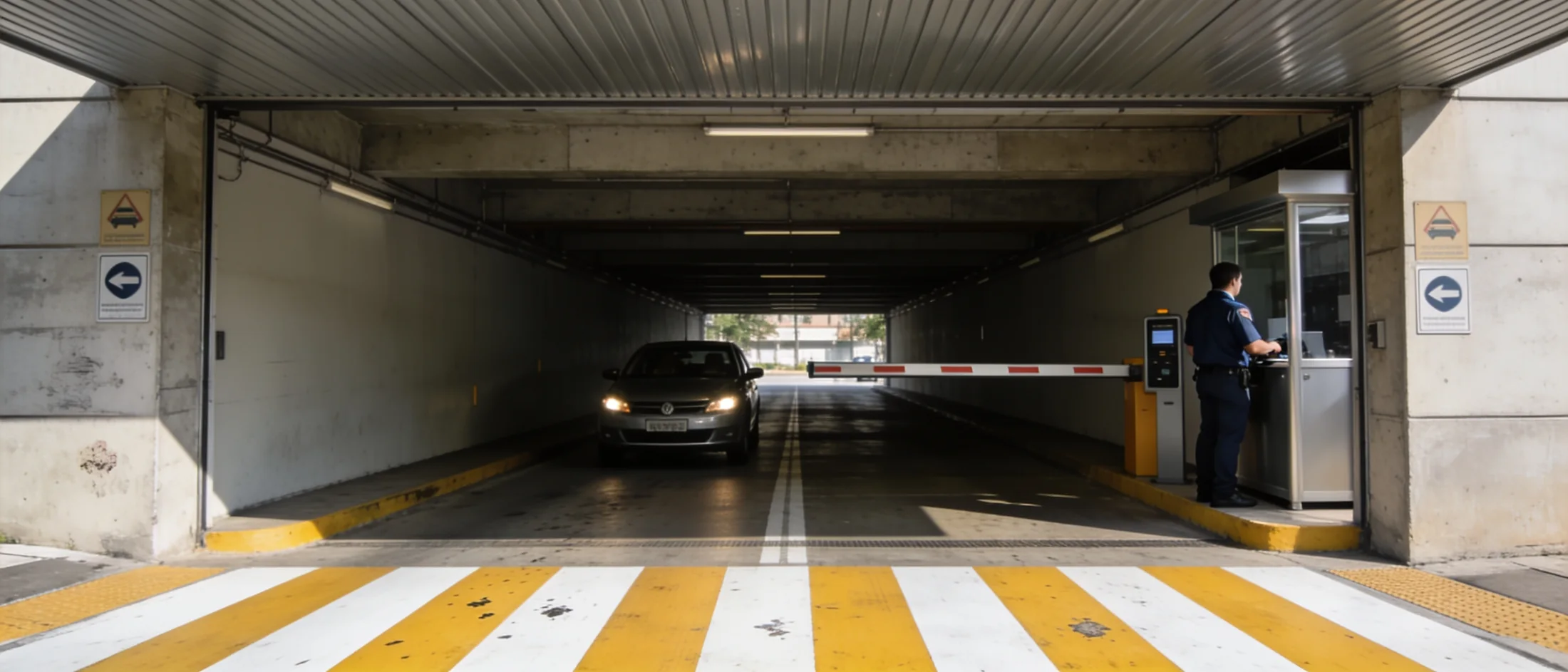 Entrada de garagem de um edifício comercial vista de fora, com a cancela levantada, um carro saindo e um operador uniformizado junto ao totem de controle.