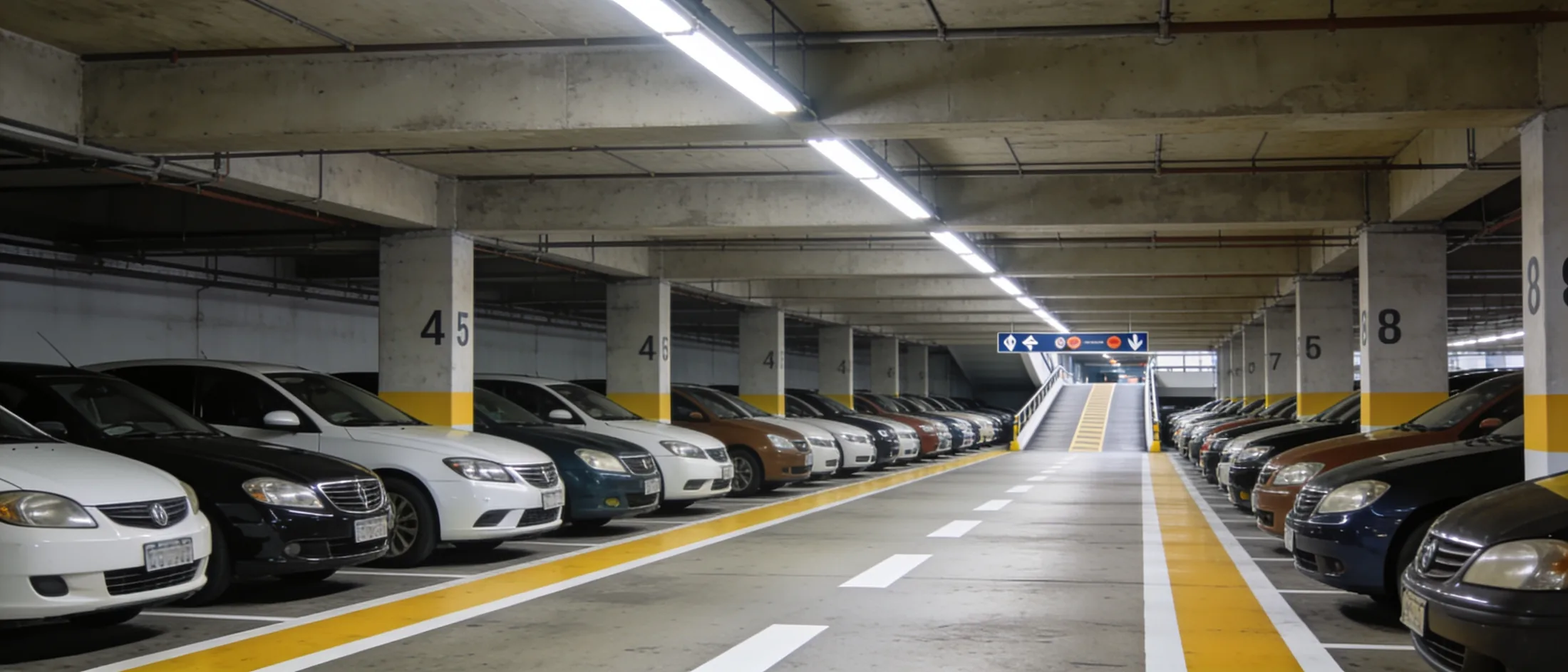 Piso de estacionamento coberto com fileiras longas de carros de modelos variados, pilares numerados e rampa de acesso ao fundo.
