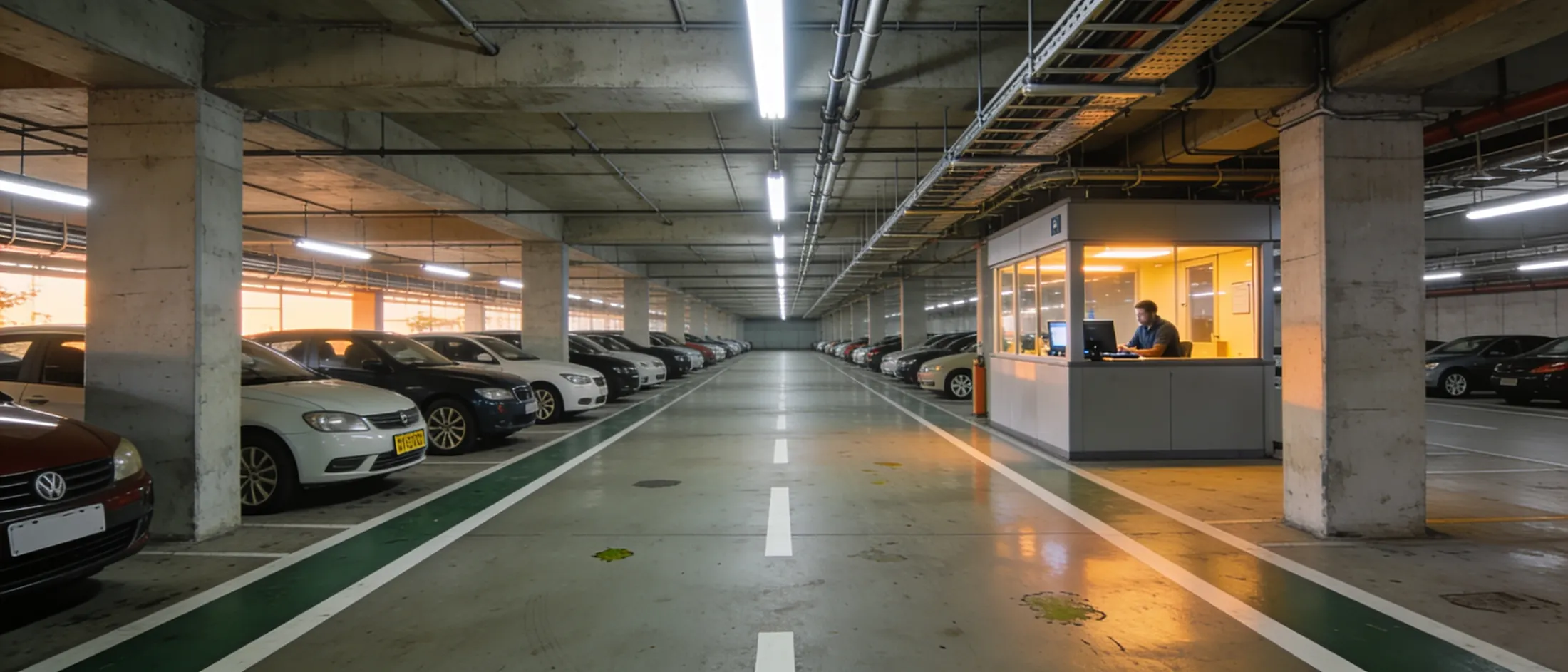Corredor de um piso de estacionamento comercial, com a cabine de controle iluminada à direita e fileiras de carros estacionados à esquerda.