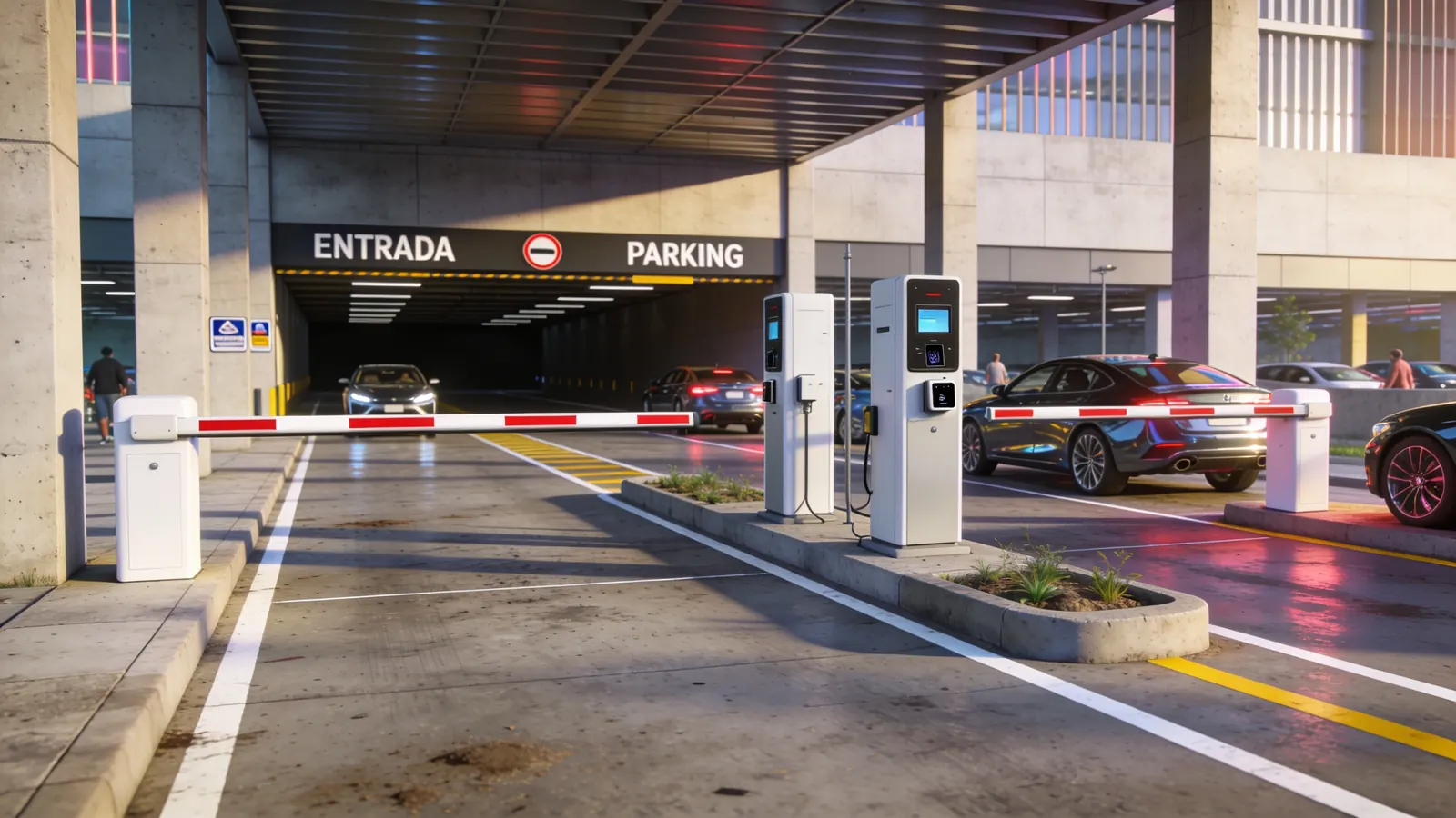Entrada de um estacionamento coberto com duas faixas de acesso, cancelas automáticas abaixadas e totens de controle, sob placa indicando entrada.