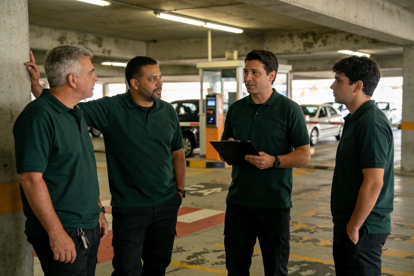 Quatro operadores de camisa polo verde conversam com um supervisor de prancheta dentro de um estacionamento coberto, no início do turno.