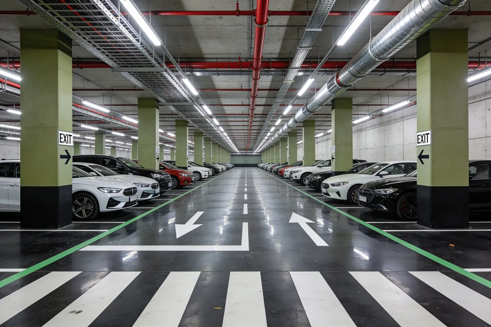 Corredor de um estacionamento subterrâneo com pilares verde-oliva, setas direcionais e faixa de pedestres pintadas no piso escuro, e carros estacionados dos dois lados.