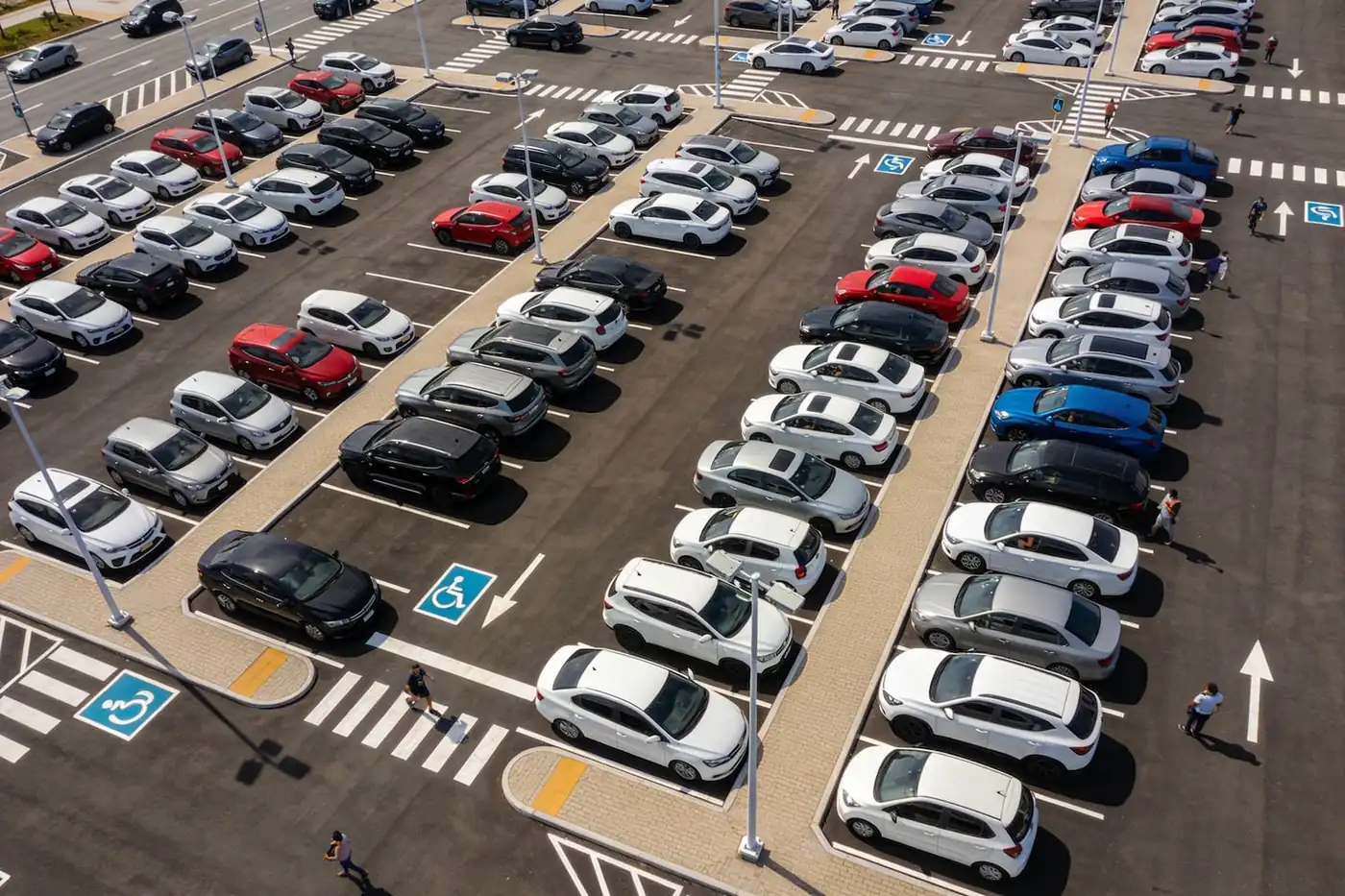 Vista aérea de um grande estacionamento externo, com dezenas de carros em fileiras demarcadas e corredores de circulação largos.
