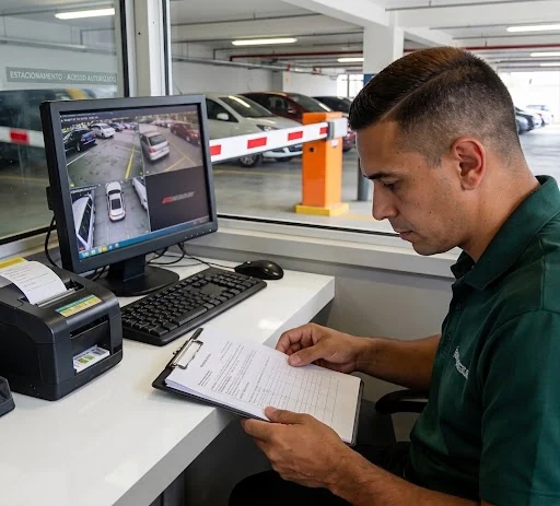 Operador uniformizado da equipe confere um relatório impresso dentro da cabine de controle, ao lado do monitor de câmeras e da impressora de ticket.