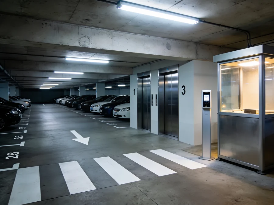 Acesso da garagem de um edifício comercial, com a cancela baixada, o leitor de cartão e a guarita de vidro iluminada, e ao fundo a fileira de carros estacionados e o hall dos elevadores.