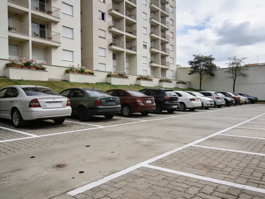 Estacionamento descoberto de um condomínio residencial, com carros de modelos variados parados em vagas demarcadas e a fachada do prédio ao fundo.