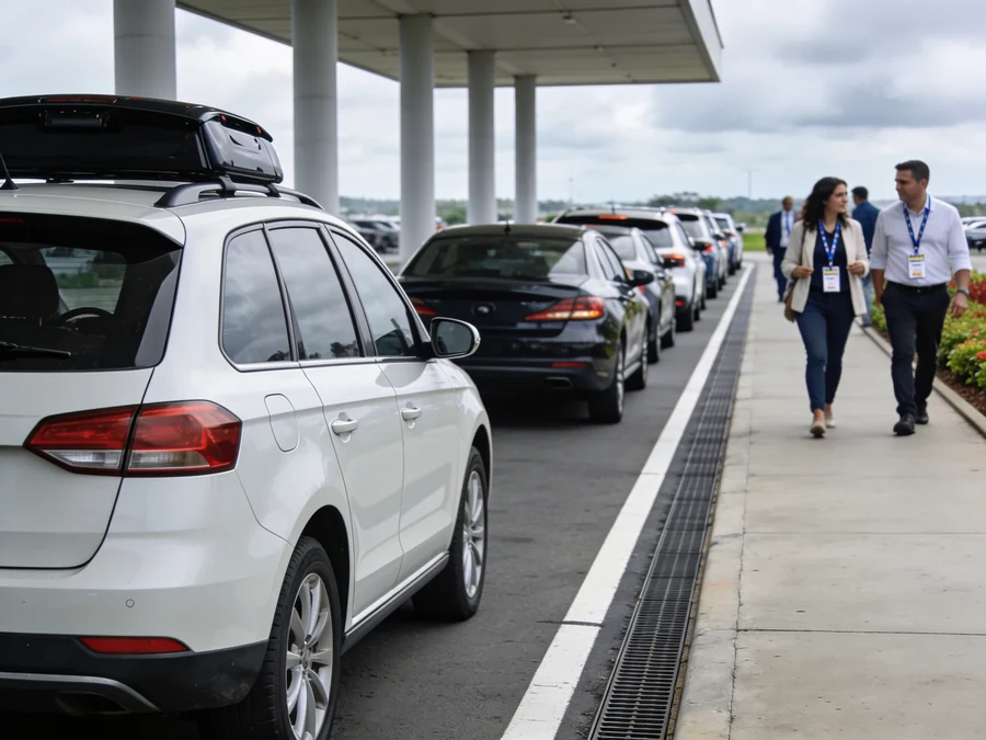 Fila de carros parados, um atrás do outro, na faixa coberta de desembarque de um centro de convenções, com participantes de crachá caminhando pela calçada em direção à entrada.