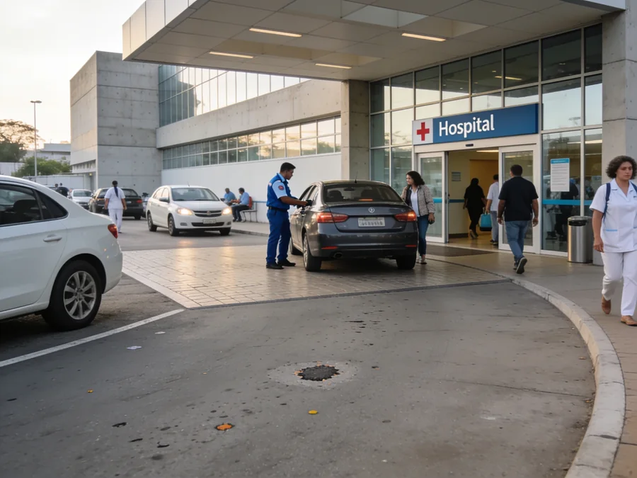 Área coberta de embarque e desembarque de um hospital pela manhã, com carros parados na entrada e um operador uniformizado atendendo junto a um veículo.