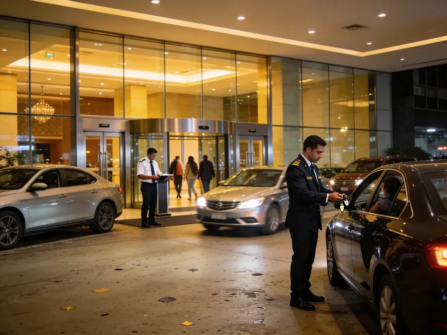 Entrada iluminada de um hotel no início da noite, com um manobrista uniformizado recebendo a chave de um carro e hóspedes entrando no lobby.