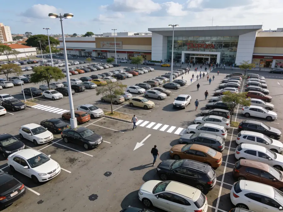 Vista elevada do estacionamento externo de um shopping em dia movimentado, com fileiras de carros e pessoas caminhando em direção à entrada.