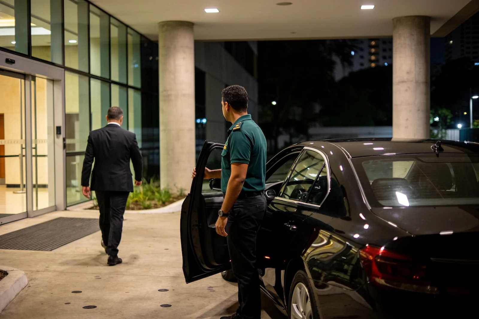 Manobrista de camisa polo verde abre a porta de um sedan escuro na entrada coberta de um edifício comercial, enquanto o passageiro se afasta em direção ao prédio.